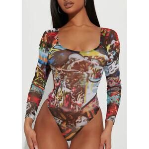 Fashion Nova Street Art Mesh Bodysuit Size L